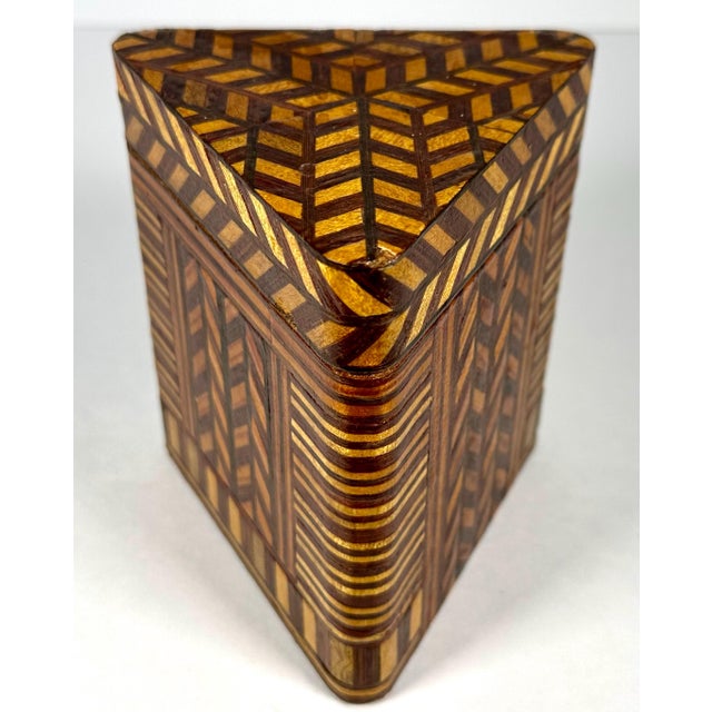 Wood 20th C. MCM Parquetry Tea Caddy Humidor Box - Geometric Inlay, Made in China For Sale - Image 7 of 10