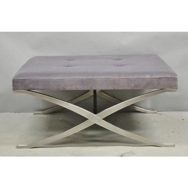 Purple Contemporary Modern Brushed Chrome Frame X-Form Purple Tufted Bench Ottoman For Sale - Image 8 of 13