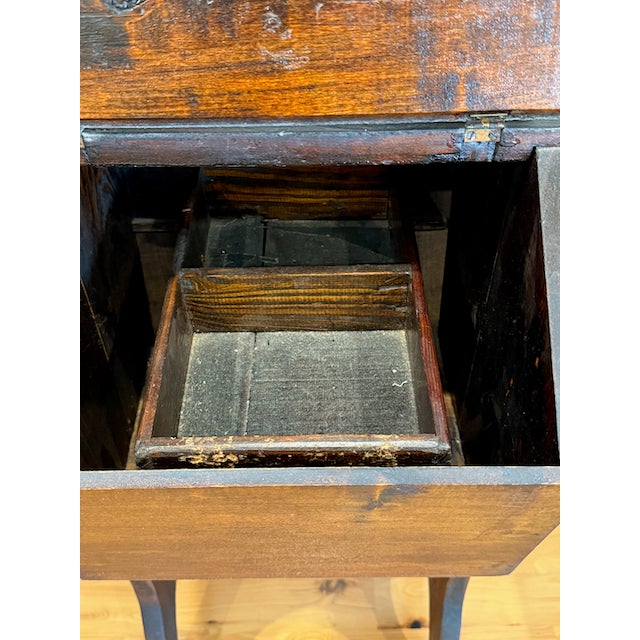 Wood Antique Primitive Sewing Cabinet – Slant-Lid Yarn & Thread Box on Stand For Sale - Image 7 of 12