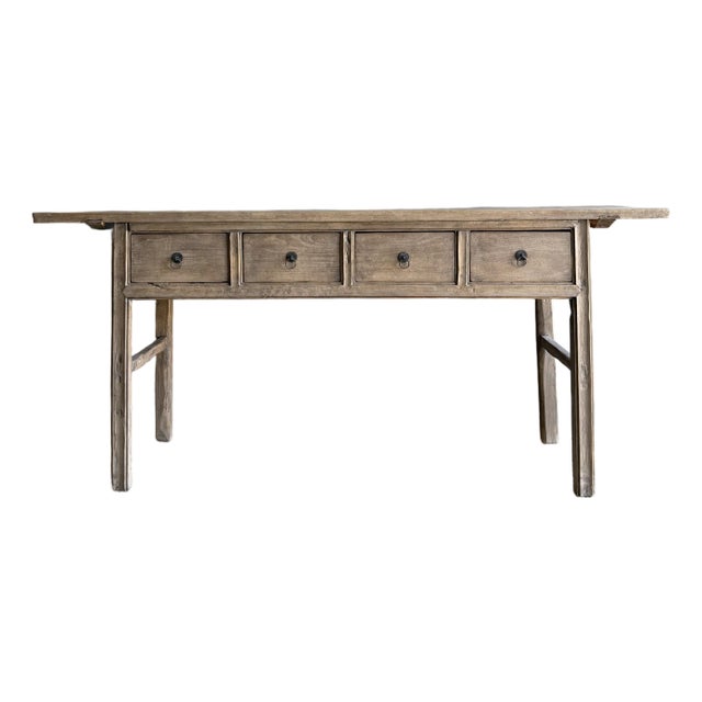 Vintage Elm Wood Console Table With Drawers 79.5" For Sale