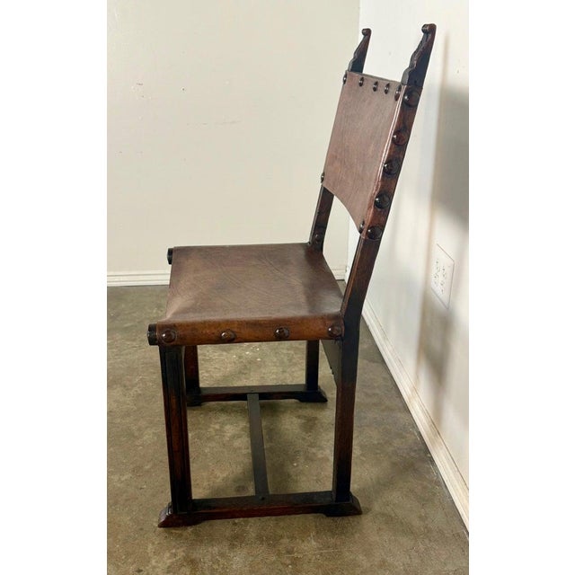 Set of Six Spanish Revival Leather and Carved Wood Armchairs For Sale - Image 11 of 15