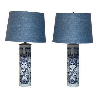 Pair of Vintage Bjorn Wiinblad for Nymolle - "Summer Girl" Glazed Faience Table Lamps For Sale