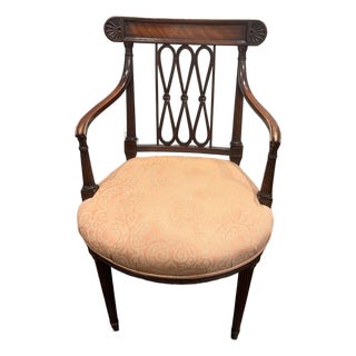 Late 20th Century Neoclassical Mahogany Finish Open Arm Accent Chair With Damask Upholstery For Sale
