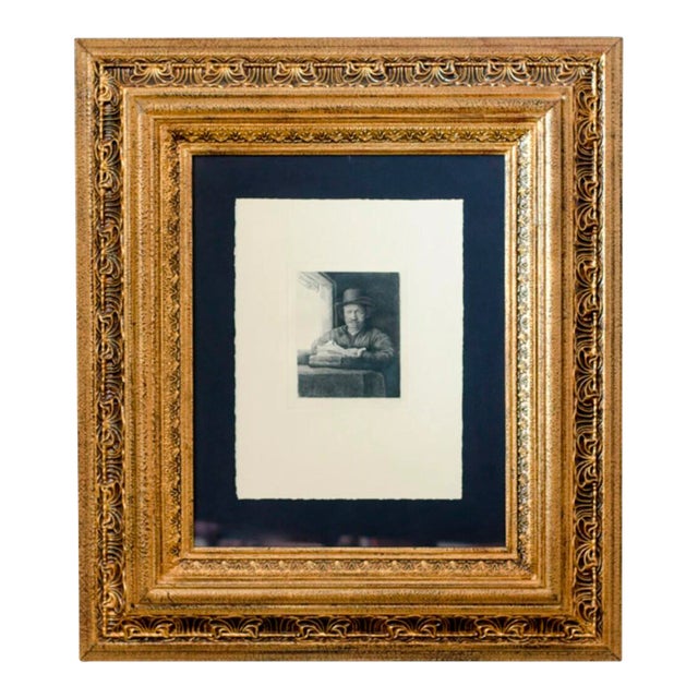 1800's Black & White Original Etching "Self Portrait Drawing At a Window" by Parisian Artist Amand-Durand, Signed & Framed For Sale