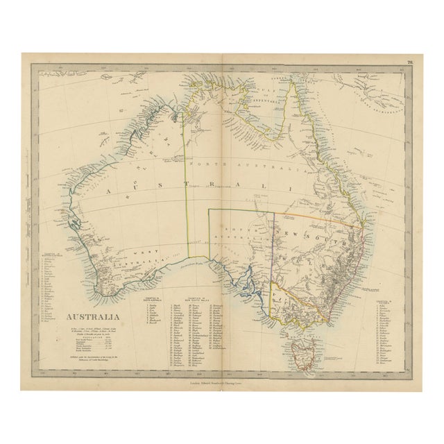 Antique Map of Australia with the 1855 Population Table and County Lists, 1858 For Sale