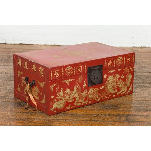 Chinese Red Lacquered Blanket Chest with Gilt Motifs & Guardian Lions For Sale - Image 11 of 12