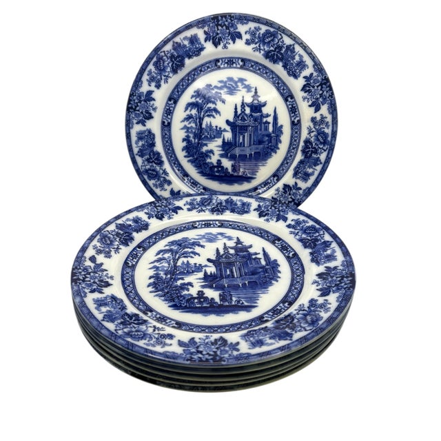 Blue Antique Doulton Madras Pattern Flow Blue Dinner Plates-Set of 6 For Sale - Image 8 of 10