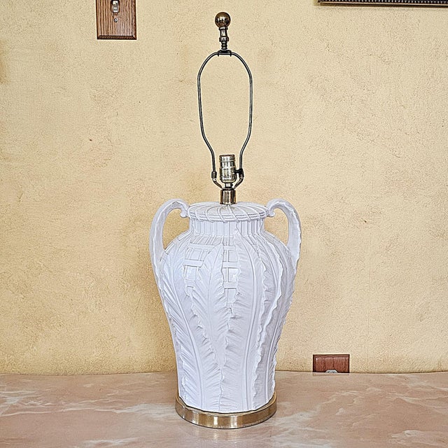 Vintage Paul Hanson Style White Ceramic Urn Table Lamp With Raised Botanical Relief Design For Sale - Image 12 of 18