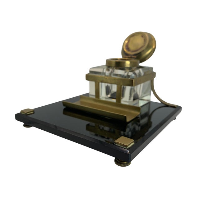 1920s Art Deco Lacquered Desk Set with Brass Bound Bevelled Glass Inkwell, Set of 4 For Sale - Image 5 of 18