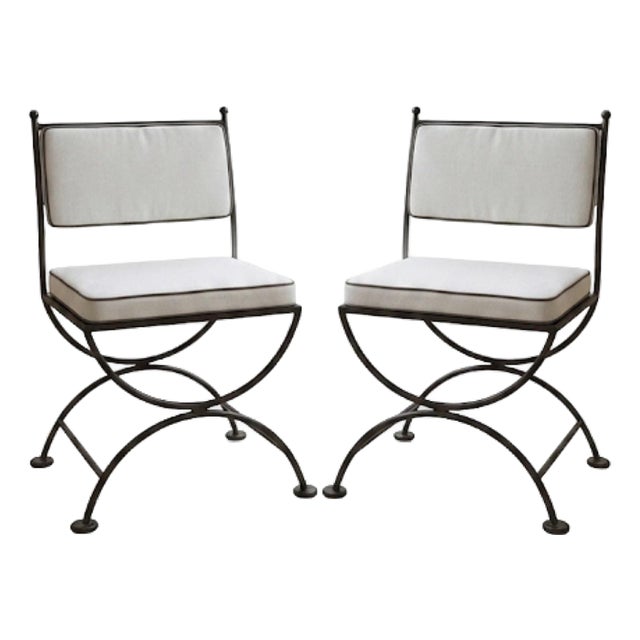 Pair of Vintage Turkish Curule-Leg Powder Coated Cast Iron Patio Chairs For Sale