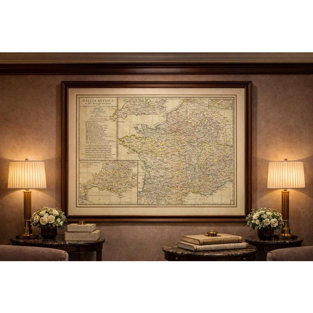Elegant antique map depicting ancient Gaul under Roman rule, covering present-day France, Belgium, Luxembourg, parts of...