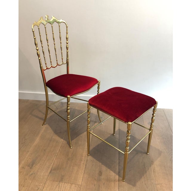 1940s 1940s Italian Brass Chiavari Chair and Stool, Seats Covered in Red Velvet- 2 Pieces For Sale - Image 5 of 12