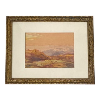 Vintage Desert Mountain Sunset Landscape Watercolor Painting by L. Hoen For Sale