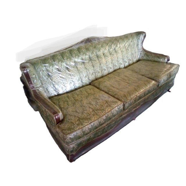 1940s French Provincial Styled, Green Brocade Fabric, Solid Wood-Trimmed Vintage Couch For Sale - Image 4 of 6