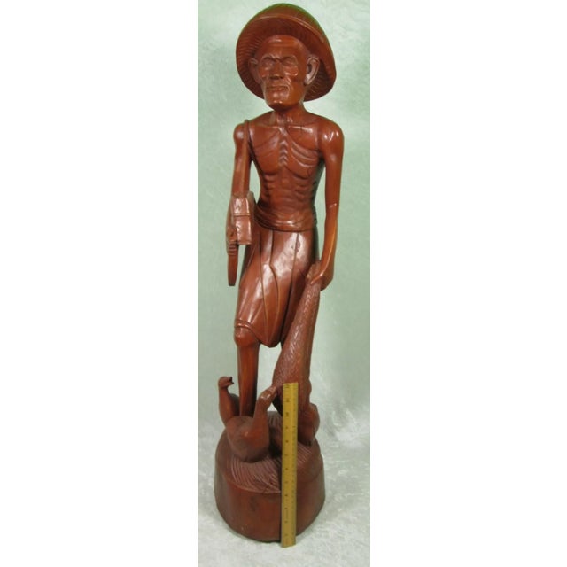 Asian Mid 20th Century Carved Wooden Asian Fisherman Figurine Sculpture For Sale - Image 3 of 12