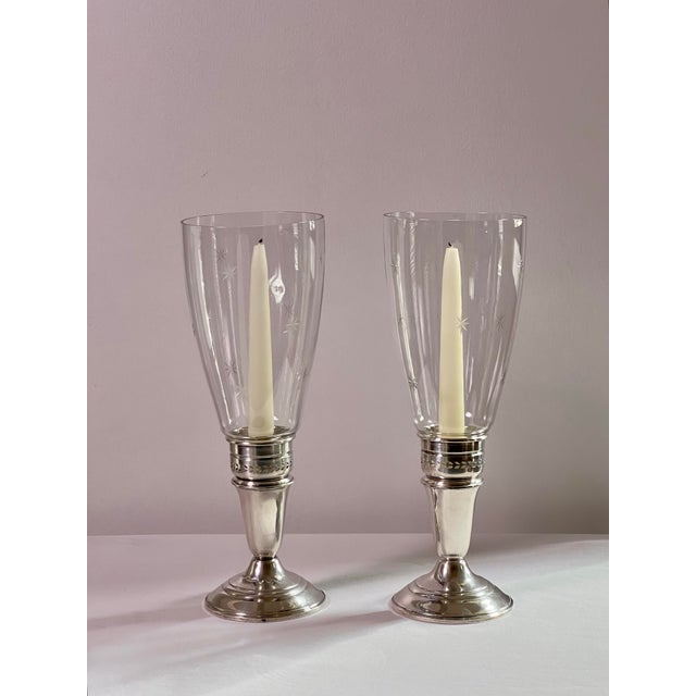 Pair of Crown Sterling Silver Candlesticks With Etched Glass Hurricane Shades, C. 1940 For Sale - Image 10 of 14