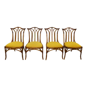 1970s Chinese Chippendale Cathedral Back Leather Wrapped Rattan Dining Chairs - Set of 4