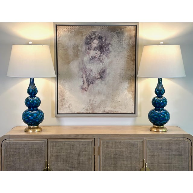 Vintage Blue Glazed Ceramic Table Lamps - A Pair For Sale - Image 11 of 12