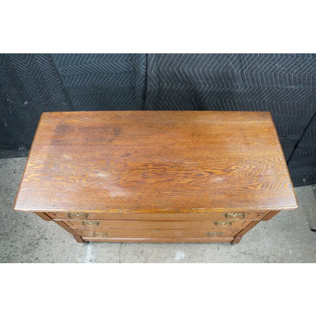 Late 19th Century Antique Victorian Eastlake Oak Three Drawer Carved Dresser Chest Casters 43" For Sale - Image 5 of 18