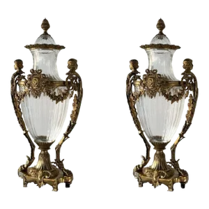 Antique Signed French Gilt Bronze Mounted Diamond Cut Baccarat Crystal Urns - Pair