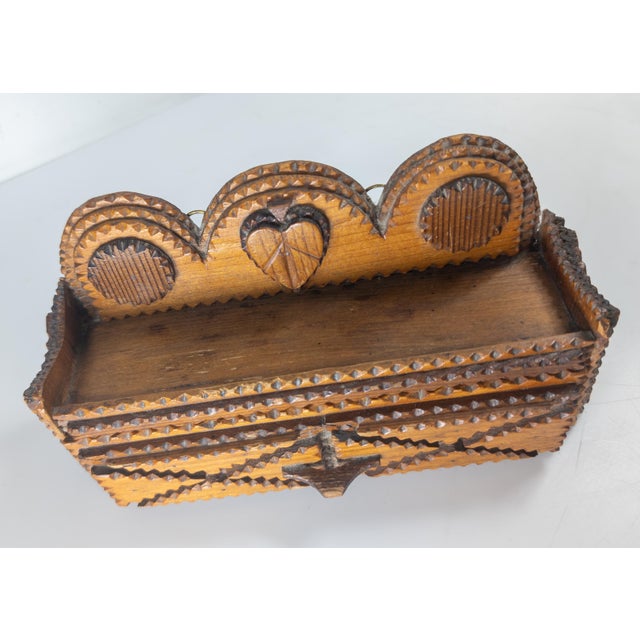 Wood Early 20th Century Carved Folk Tramp Art Wood Wall Shelf Match Holder For Sale - Image 7 of 12
