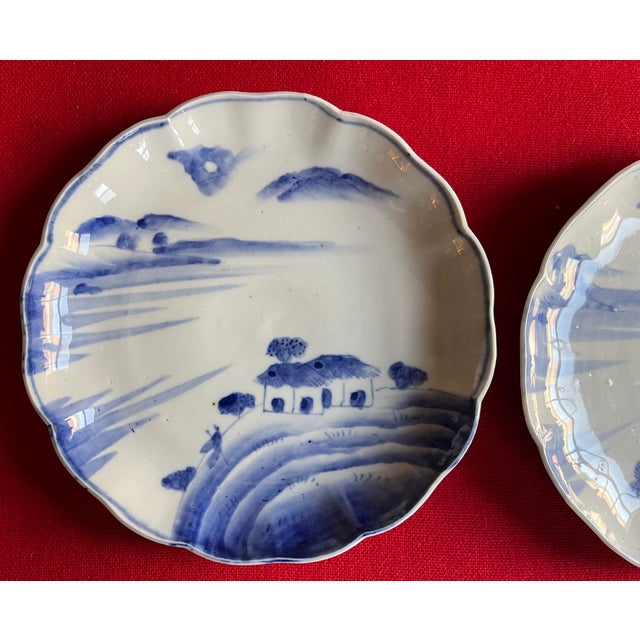 Japanese Antique 19th Century Japanese Meiji Blue & White Porcelain Landscape Plates With a Cottage - A Pair For Sale - Image 3 of 6