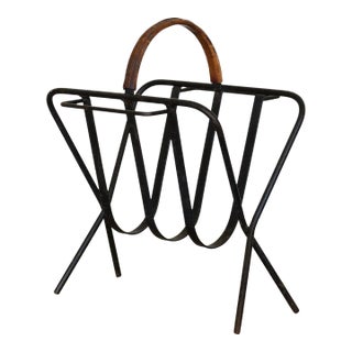 1940s Iron and Leather Magazine Rack in the Style of Jacques Adnet For Sale