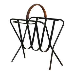 1940s Iron and Leather Magazine Rack in the Style of Jacques Adnet