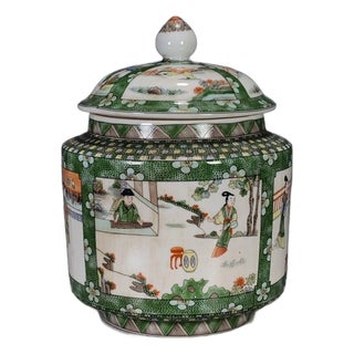 Vintage Chinese Green Ground Famille Rose "Figural" Covered Jar With Old Museum Label For Sale