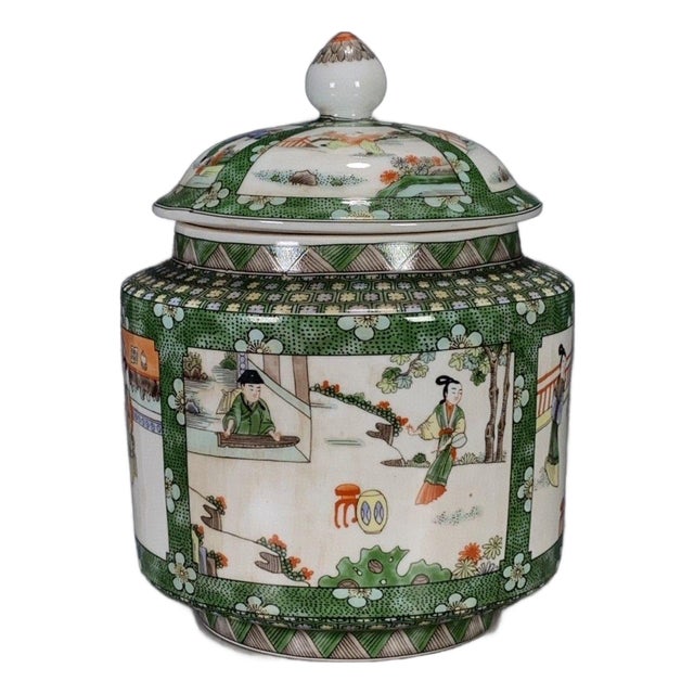 Vintage Chinese Green Ground Famille Rose "Figural" Covered Jar With Old Museum Label For Sale
