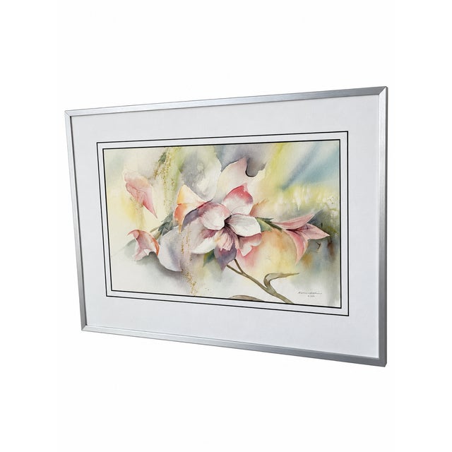 White 1989 Signed Abstract Floral Watercolor in New Silver-Tone Frame For Sale - Image 8 of 16