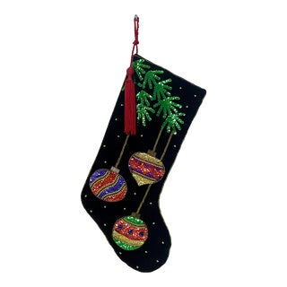 1990s Vintage Velvet Christmas Stocking With Sequence Ornaments and Palm Fronds. For Sale