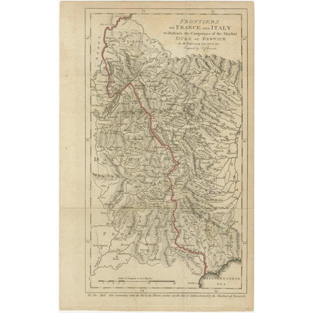 Title: frontiers of france and italy – duke of berwick campaigns map, 1707–1712 : this original antique map depicts the...