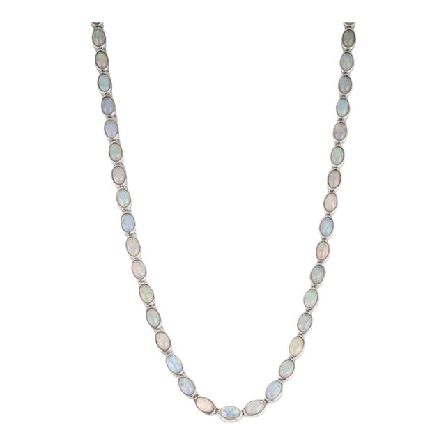 Handmade Victorian Opal Gemstone Tenniw Necklace in Silver by Caratandher For Sale