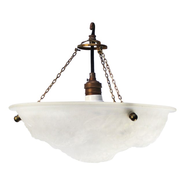 Art Nouveau French Brass and White Pressed Glass Pendant Light, 1920s For Sale