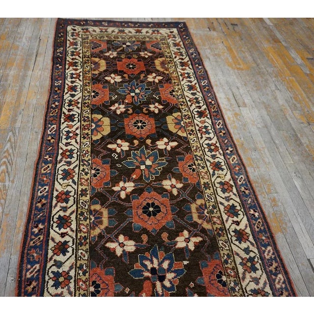 1870s Brown Geometric Tribal Antique North West Persian Rug 3'8" X 13'0" Knotted Wool Carpet For Sale - Image 4 of 10