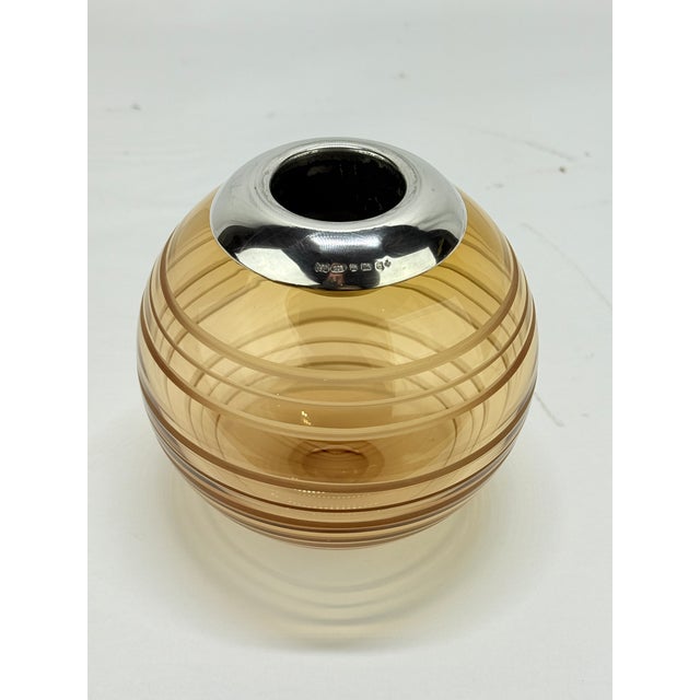 Large English Sterling-Rimmed Amber Glass Match Strike With Cut Bands C. 2000 For Sale In Providence - Image 6 of 8