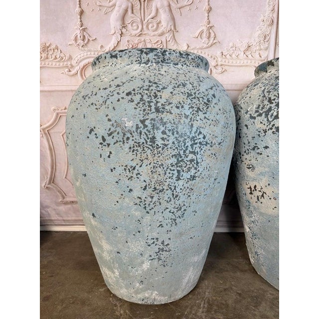 Mid 20th Century Pair of Large Antique Terracotta Storage Jars With Blue Weathered Patina For Sale - Image 5 of 12