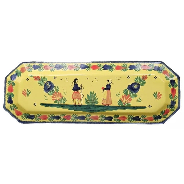 Vintage 24" Hb Quimper France Serving Tray Fish Platter - Soleil Yellow For Sale - Image 10 of 12