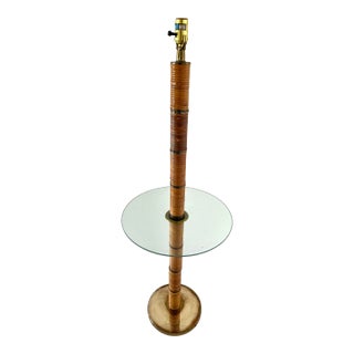 Brass and Rattan Wrapped Floor Lamp With Glass Table For Sale