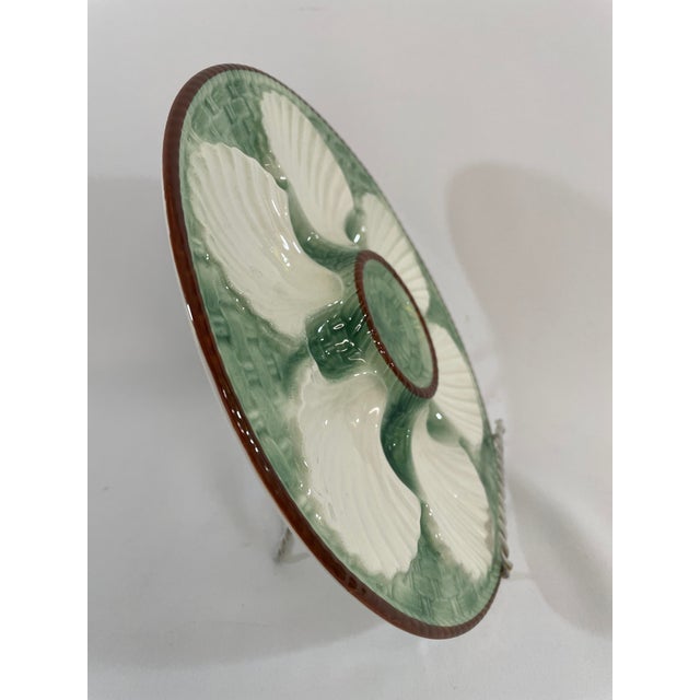 1930s French Longchamp Green and White Majolica Oyster Plate For Sale - Image 13 of 16