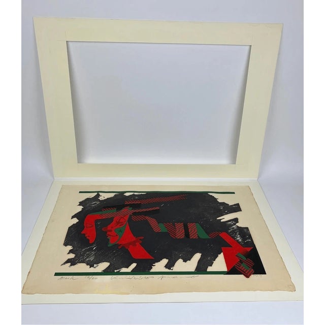 Vintage 1977 Mask Wood Block Print Japanese Kunihiro Amano Signed Numbered Framed For Sale - Image 9 of 14