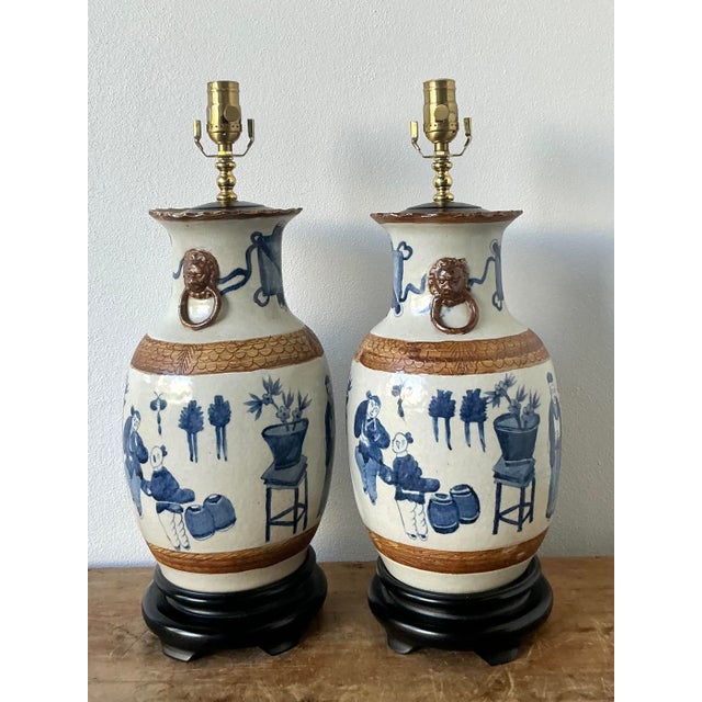 Wood Vintage Asian Blue and White Porcelain Vase Lamps - A Pair For Sale - Image 7 of 12