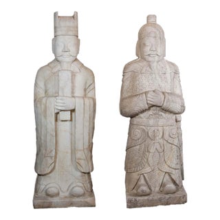 Mid 20th Century Chinese Marble Civil Officer & Military Leader Statues - Set of 2 For Sale