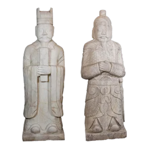 Mid 20th Century Chinese Marble Civil Officer & Military Leader Statues - Set of 2