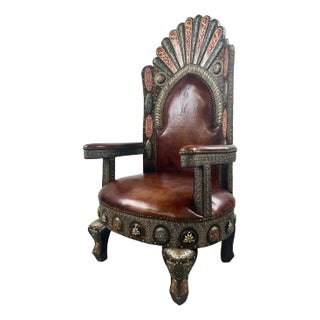 Portuguese Colonial Style Leather & Filigree Design Throne Chair For Sale