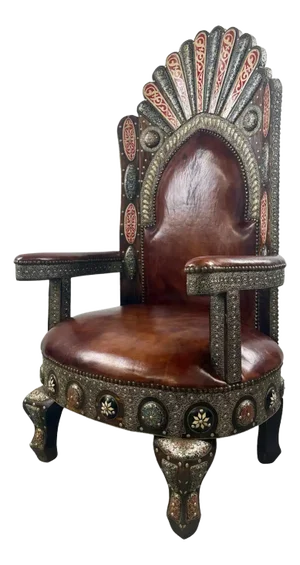 Portuguese Colonial Style Leather & Filigree Design Throne Chair