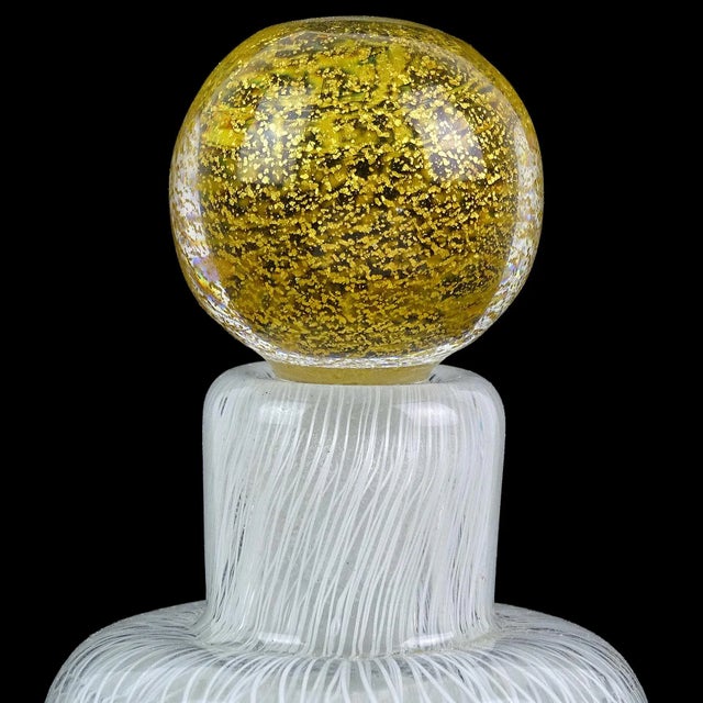 Seguso Vintage Murano Seguso White Ribbons Gold Leaf Stopper Italian Art Glass Perfume Vanity Bottle For Sale - Image 4 of 7