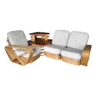 Restored MCM 6-Strand Square Pretzel 3 Seat Rattan Corner Sofa W/ Table For Sale