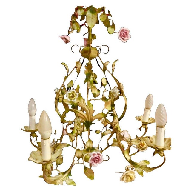 Metal Floral Roses Flower Chandelier in Porcelain, 1950s For Sale - Image 7 of 7